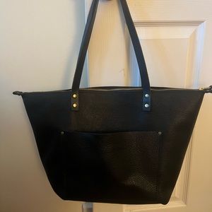 Portland Leather Goods large black pebbled zipper tote with gold hardware